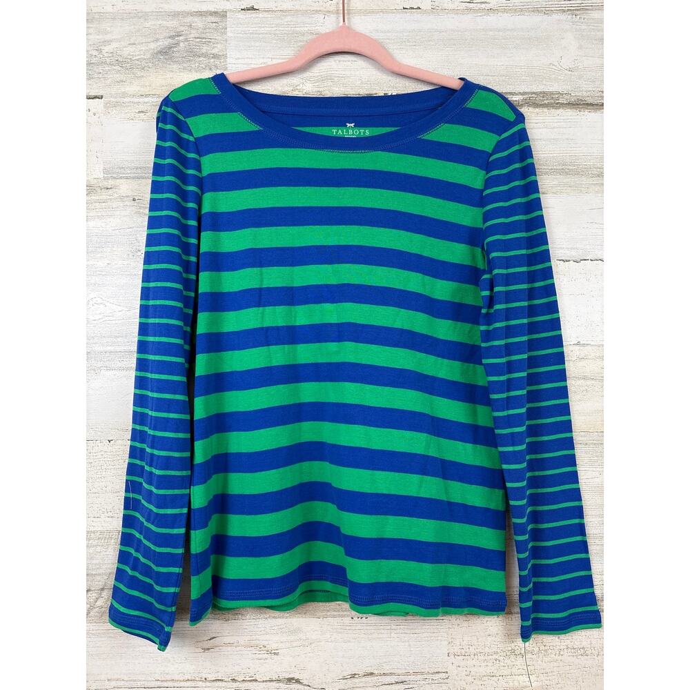 Talbots Womens L Petite Green Blue Stripe Shirt Coastal Preppy Casual NWT